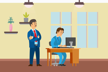 Boss watching working process of novice worker vector. Office interior with decoration plants and window. Employer and employee on first day on job