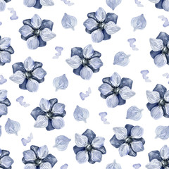 Watercolor seamless pattern of blue flowers and petals