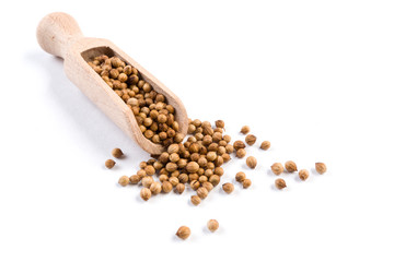 coriander seeds in wooden scoop isolated on white background.