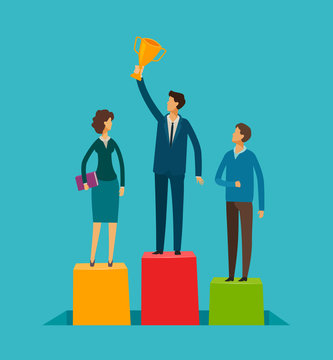 Business people on the pedestal. Success, achievement concept. Infographics vector illustration