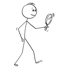 Cartoon stick figure drawing conceptual illustration of man searching with magnifying glass or magnifier.