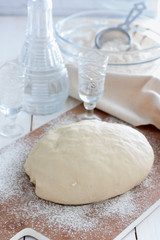 Raw unleavened dough made using vodka, selective focus