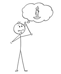 Cartoon stick figure drawing conceptual illustration of man or businessman thinking hard with burning candle image in speech bubble as dull mind metaphor.