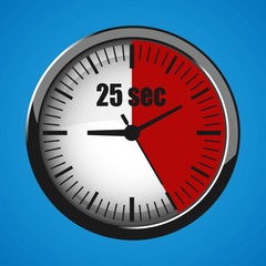 Twenty Five Seconds Clock on blue background. Clock 3d icon. Stopwatch icon.