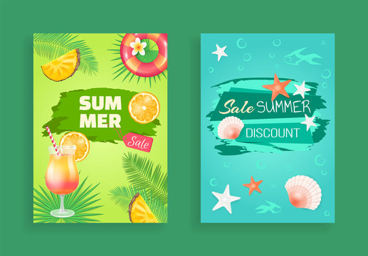 Sale summer best discount vector banners. Promotion and special offers in summertime. Cocktail and pineapple slices, seashells floating in sea water