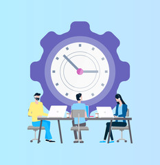 Time management vector, online support workers in headphones at laptop. Clock and men and woman in headphone with computers on desktop, fast efficiency