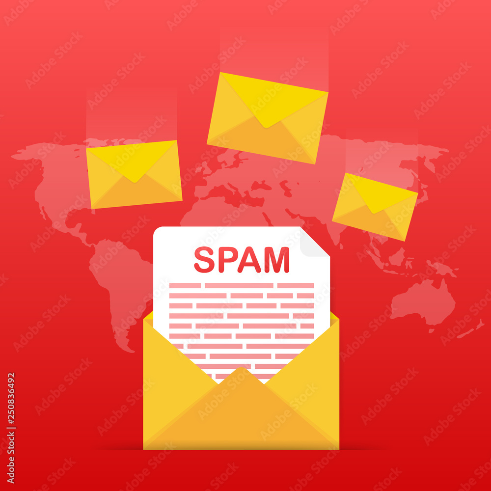 Poster no spam. spam email warning. concept of virus, piracy, hacking and security. envelope with spam. vec