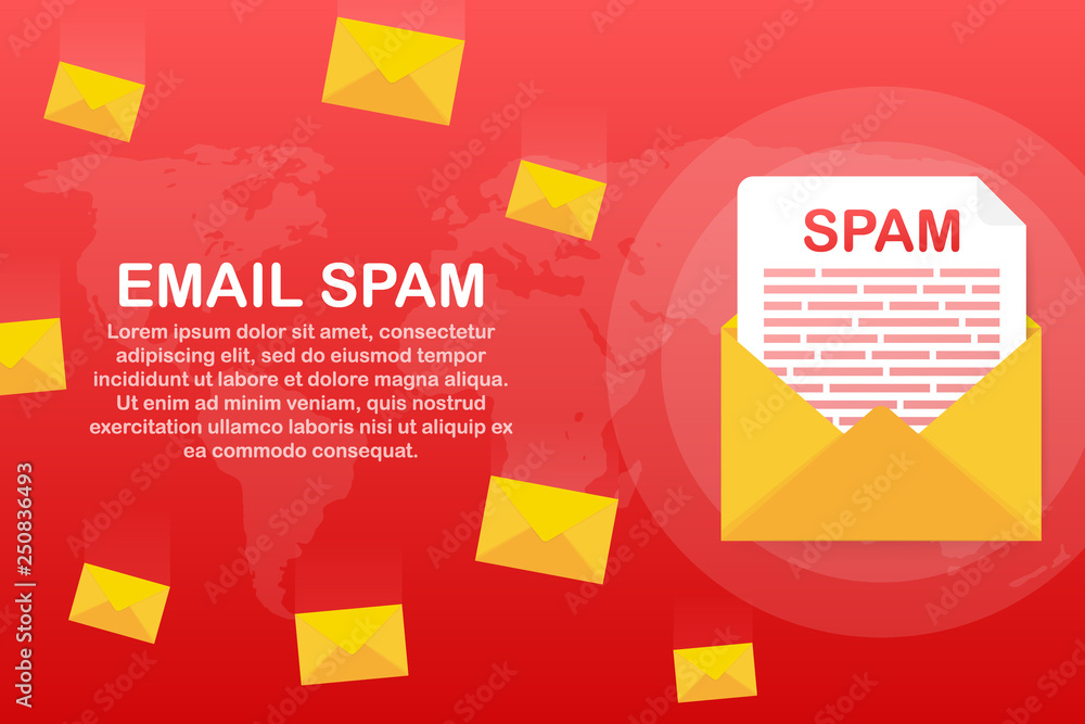 Aufkleber no spam. spam email warning. concept of virus, piracy, hacking and security. envelope with spam. vec