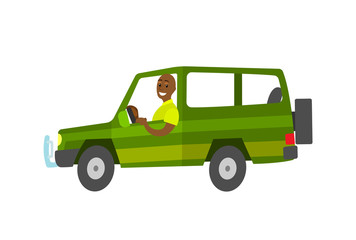 Man driving green car, side view of flat automobile, tourist and travel transport. Journey in vehicle, driver sitting in auto, lifestyle and leisure vector
