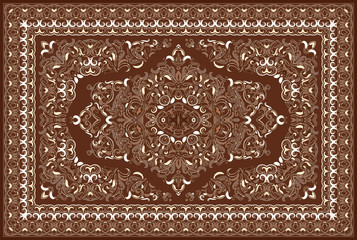 Vintage Arabic pattern. Persian colored carpet. Rich ornament for fabric design, handmade, interior decoration, textiles. Brown background. - 250836681