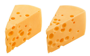 Pieces of hard cheese isolated on white background with clipping path