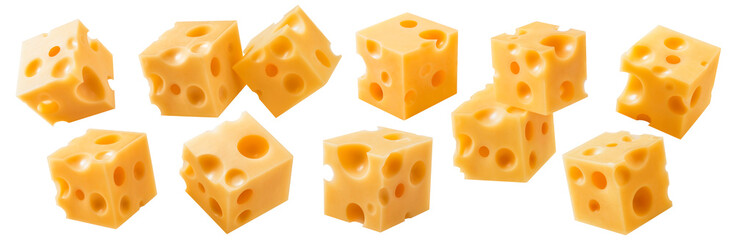 Collection of cube cheese pieces isolated on white background