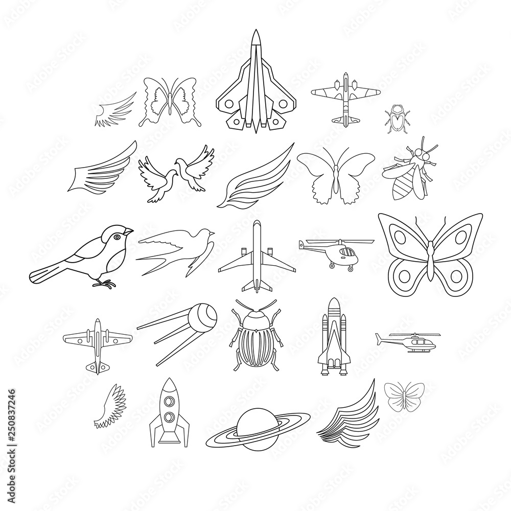 Poster flight on wing icons set. outline set of 25 flight on wing vector icons for web isolated on white ba