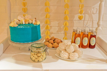 Holiday table for children, cake, sweets, food