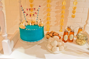 Holiday table for children, cake, sweets, food