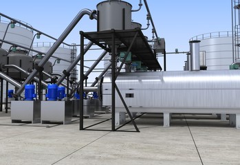 oil refinery, chemical production, waste processing plant, exterior visualization, 3D illustration