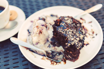 brownie with icecream. sweet and dessert. a piece of cake