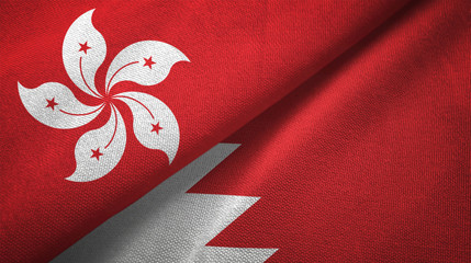 Hong Kong and Bahrain two flags textile cloth, fabric texture