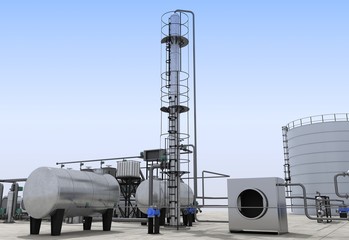 oil refinery, chemical production, waste processing plant, exterior visualization, 3D illustration