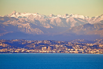 French Alps snow peaks view from Cap Antibes - obrazy, fototapety, plakaty