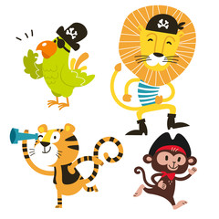 Animals vector set. Cartoon Monkey, parrot, tiger, lion pirate.Perfect for wallpaper,print,packaging,invitations,Baby shower,birthday party,patterns,travel,logos etc