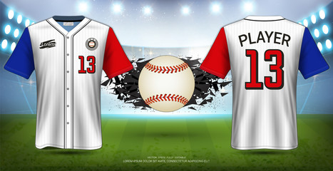 Baseball Uniforms & Jerseys, Short Sleeve Shirt Mockup, Design for Sport Poster, Banner, Flyer, Brochure or Presentations Template, Vector EPS10 fully editable, Easy Possibility to Apply Your Artwork.