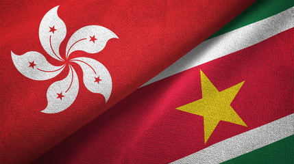 Hong Kong and Suriname two flags textile cloth, fabric texture