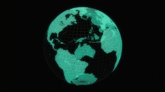 A spinning globe transitions to binary code to visualize the concept of big data and Hacking.