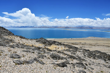 China. Great lakes of Tibet. Lake Teri Tashi Namtso in sunny summer weather