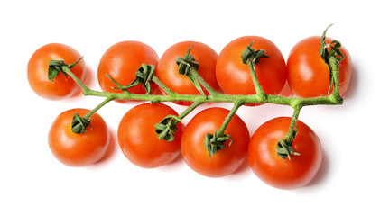 A bunch of fresh cherry tomatoes on a branch. White isolated background. Top view. Shadow.