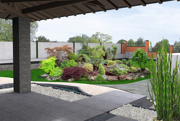 View out the gazebo to garden, 3D render