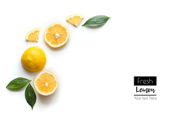 Composition of lemon and leaves. Fresh, juicy lemon. Flat lay. Food concept. Lemon on white background. Top view. Copy space.