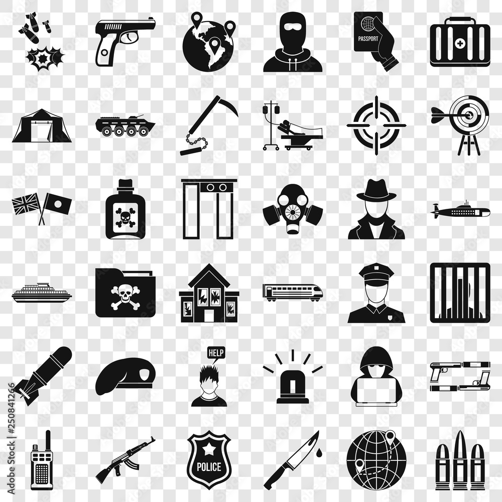 Poster antiterrorism icons set. simple style of 36 antiterrorism vector icons for web for any design