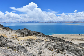 China. Great lakes of Tibet. Lake Teri Tashi Namtso in sunny summer weather