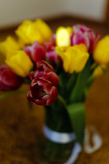 Pink and yellow tulips bouquet