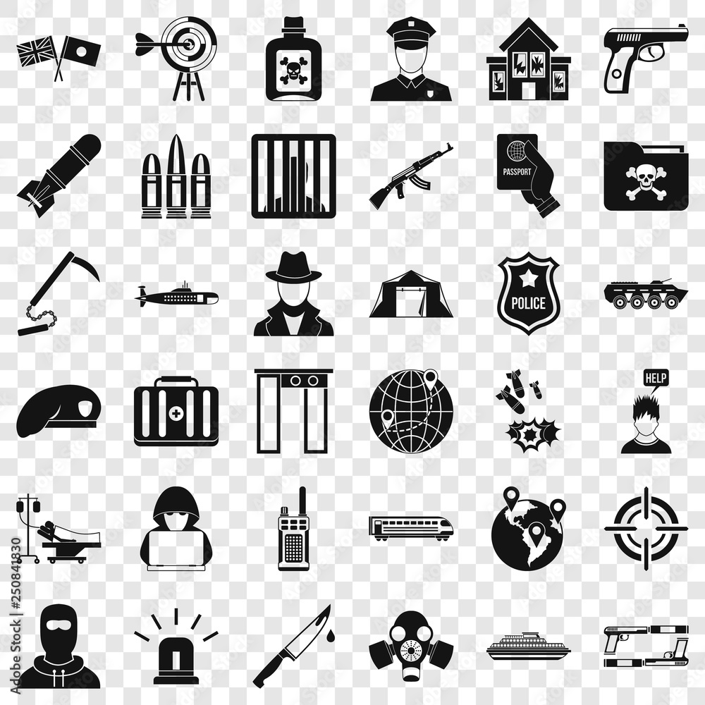 Poster antiterrorist help icons set. simple style of 36 antiterrorist help vector icons for web for any des
