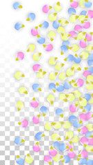 Vector Realistic Colorful Petals Falling on Transparent Background.  Spring Romantic Flowers Illustration. Flying Petals. Sakura Spa Design. Blossom Confetti. Design Elements for Wedding Decoration.