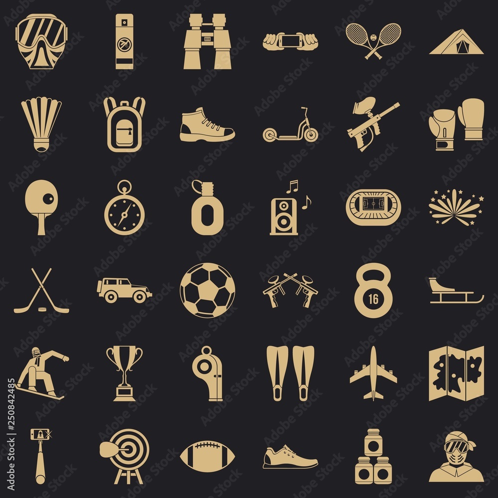 Poster active life icons set. simple style of 36 active life vector icons for web for any design