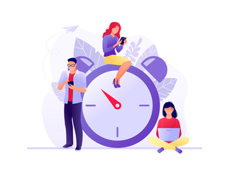 Time management, Deadline with small people around the large watch. Concept of term and time, planning. Vector flat illustration. Flat concept vector illustration for web, landing page.