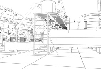 oil refinery, chemical production, waste processing plant, contour visualization, 3D illustration, sketch, outline