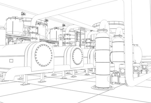 oil refinery, chemical production, waste processing plant, contour visualization, 3D illustration, sketch, outline