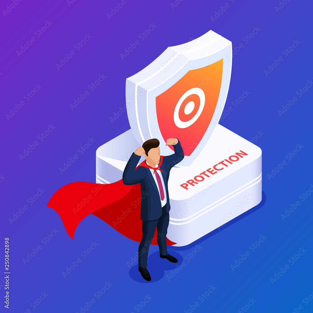 Poster isometric data protection or superhero worker concept with characters. can use for web banner, infog