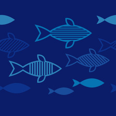 Seamless pattern with fishes in the sea. Cute cartoon. Doodle. Can be used for wallpaper, textile, invitation card, wrapping, web page background.