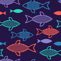 Seamless pattern with fishes in the sea. Cute cartoon. Doodle. Can be used for wallpaper, textile, invitation card, wrapping, web page background.