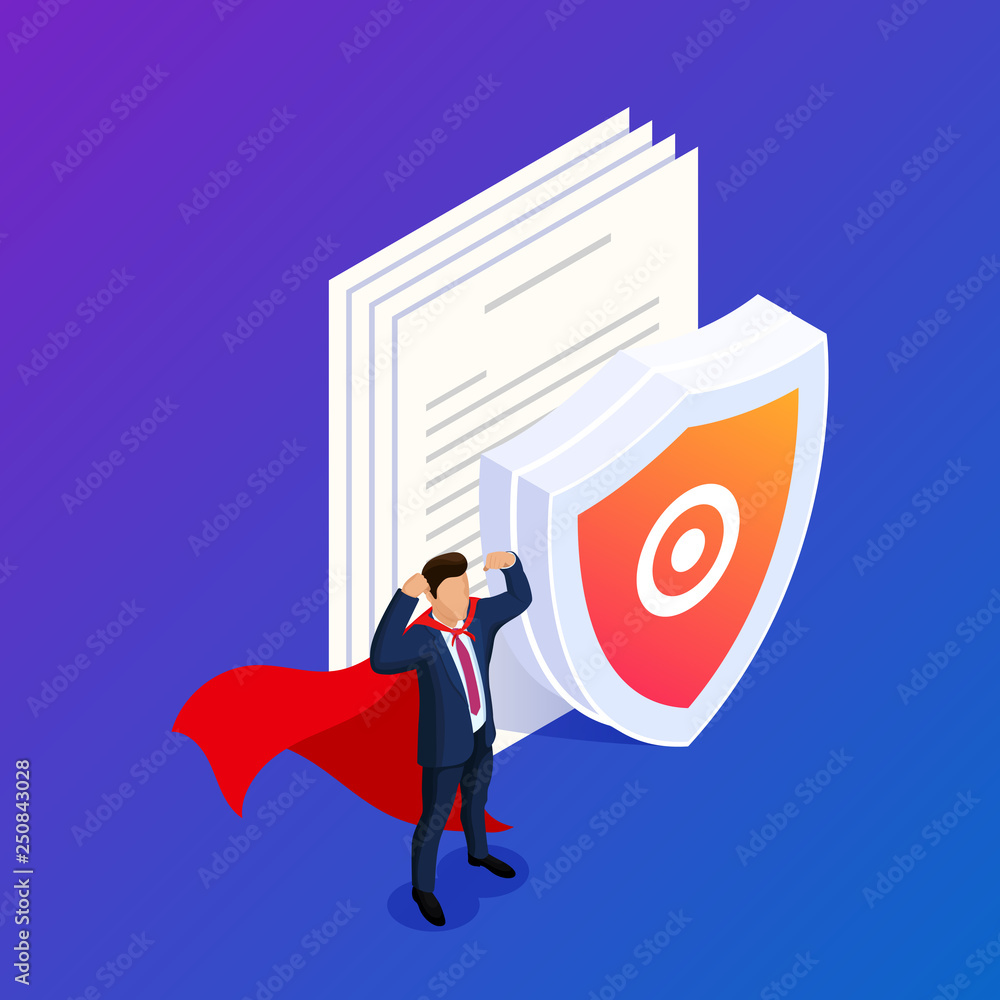 Poster flat isometric file protection concept. protect your files or photos on your device. can use for web