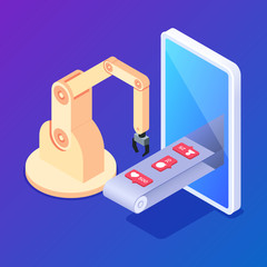 Isometric social media marketing concept. Automation of promotion in social networks. Like, comments and follower robot production line. Can use for web banner, infographics, hero images.