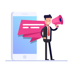 Flat mobile advertising concept. Businessman or manager stands with a loudspeaker on the background of a mobile phone. Can use for web banner, infographics, hero images. Vector isolated illustration.