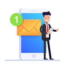 Flat email notificztion concept. Businessman or manager received a notification on the mobile phone about the incoming letter. Can use for web banner, infographics, hero images. Vector isolated.
