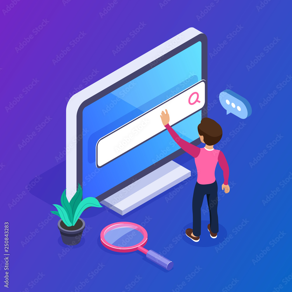 Poster 3d isometric web search concept. people uses the search bar on the computer screen. search for infor