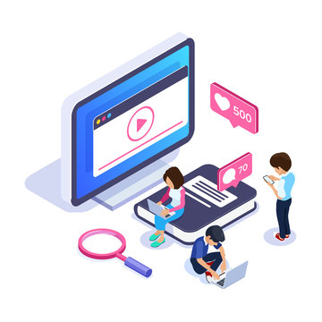 3d Isometric online learning concept. Video tutorials on the screen of a computer or phone. People on the background of the monitor and a large book. Can use for web banner, infographics, hero images